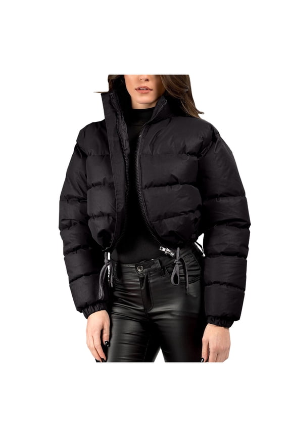 Womens Cropped Jacket Winter Puffer Jacket Oversized Loose Short Down Zip Up Shacket Jacket High Neck Peacoat Drawstring Overcoat Trendy Personality Coats(Black,M)
