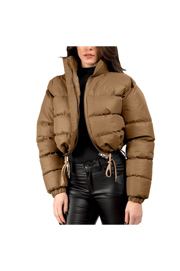 Womens Cropped Jacket Winter Puffer Jacket Oversized Loose Short Down Zip Up Shacket Jacket High Neck Peacoat Drawstring Overcoat Trendy Personality Coats(Khaki,S)