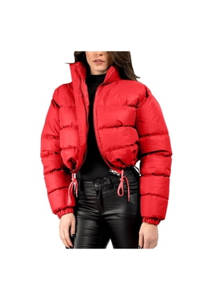 Womens Cropped Jacket Winter Puffer Jacket Oversized Loose Short Down Zip Up Shacket Jacket High Neck Peacoat Drawstring Overcoat Trendy Personality Coats(Red,S)
