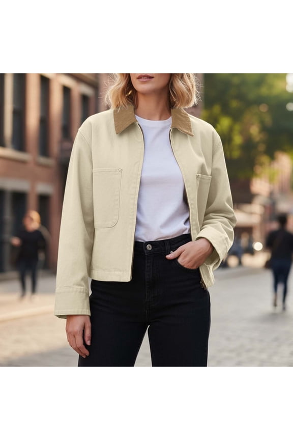 Womens Cropped Jacket Zip Up Collar Utility Coat Cargo Jacket Barn Jacket Lightweight Outerwear Streetwear Beige L
