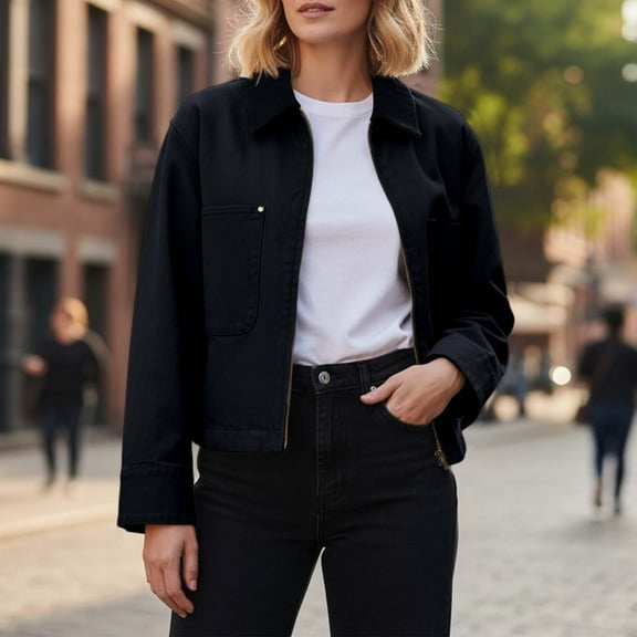 Womens Cropped Jacket Zip Up Collar Utility Coat Cargo Jacket Barn Jacket Work Outerwear Streetwear Black XL