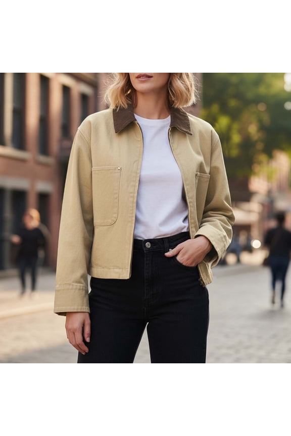 Womens Cropped Jacket Zip Up Collar Utility Coat Cargo Jacket Barn Jacket Work Outerwear Streetwear Light Yellow M