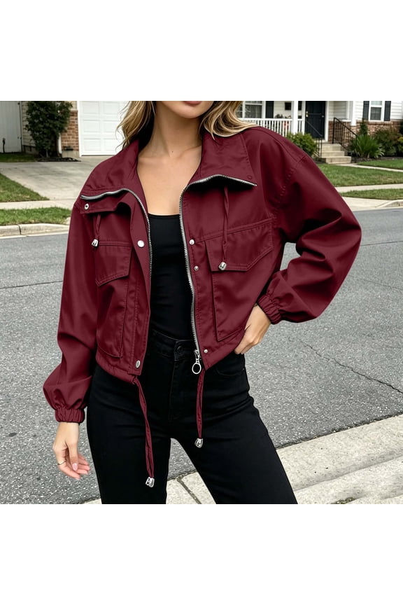 Womens Cropped Jacket Zip Up Lightweight Bomber Jacket Utility Anorak Coat With Pockets (Red M)