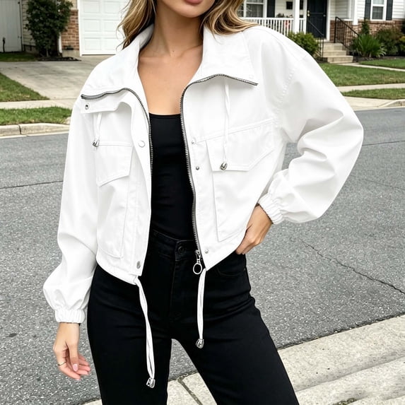 Womens Cropped Jacket Zip Up Lightweight Bomber Jacket Utility Anorak Coat With Pockets (White XXL)