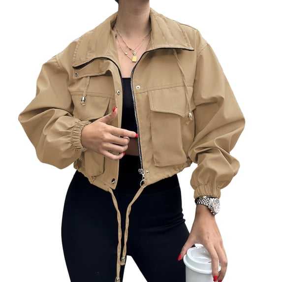 Womens Cropped Jacket Zip Up Lightweight Oversized Utility Anorak Coat with Pockets Khaki XL(XL)