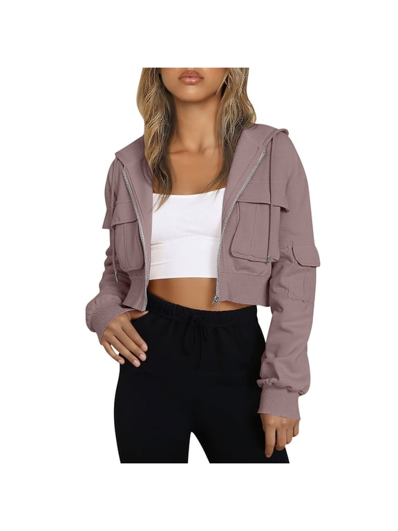 Womens Cropped Jacket Zip Up Long Sleeve Lightweight Short Coat Winter Trendy Hooded Cropp Jackets Tops,XXL,Pink