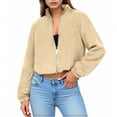 thumbnail image 1 of Womens Cropped Jackets Full-Zip Solid Color Sweatshirt Sport Coat No Hood Casual Outerwear Long Sleeve Fall Clothes (L, Beige), 1 of 5