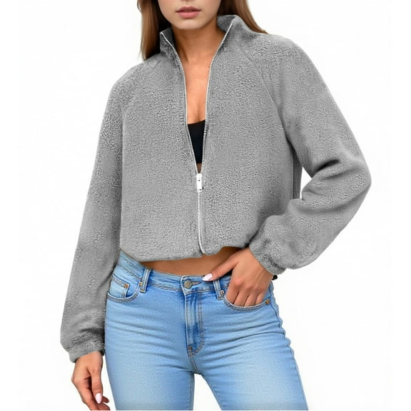 Womens Cropped Jackets Full-Zip Solid Color Sweatshirt Sport Coat No Hood Casual Outerwear Long Sleeve Fall Clothes (XL, Gray)