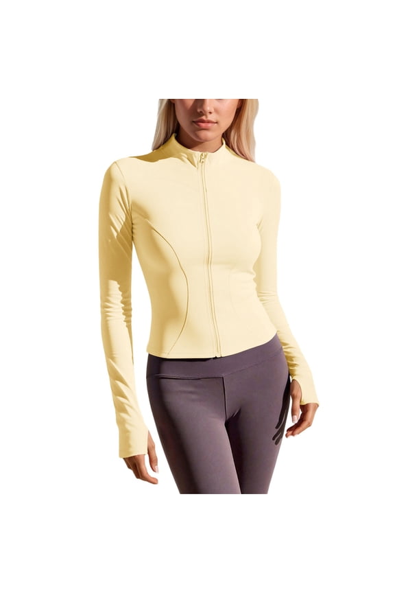 Womens Cropped Jackets Lightweight Zip Up Long Sleeve Yoga Workout Jackets Stretch Running Slim Fit Athletic Track Jackets Z001-Light Yellow L