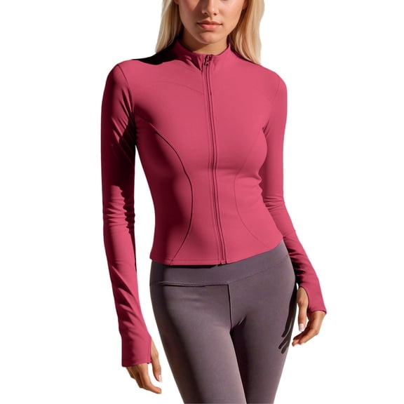 Womens Cropped Jackets Lightweight Zip Up Long Sleeve Yoga Workout Jackets Stretch Running Slim Fit Athletic Track Jackets Z001-Watermelon Red S