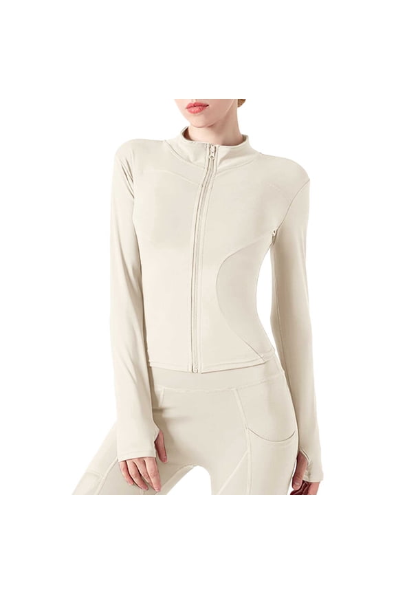 Womens Cropped Jackets Lightweight Zip Up Long Sleeve Yoga Workout Jackets Stretch Running Slim Fit Athletic Track Jackets Z005-Beige L