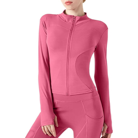 Womens Cropped Jackets Lightweight Zip Up Long Sleeve Yoga Workout Jackets Stretch Running Slim Fit Athletic Track Jackets Z005-Hot Pink L