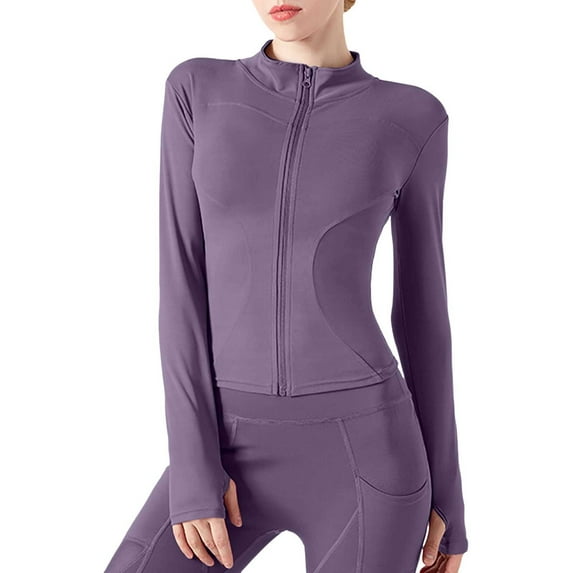 Womens Cropped Jackets Lightweight Zip Up Long Sleeve Yoga Workout Jackets Stretch Running Slim Fit Athletic Track Jackets Z005-Purple XL