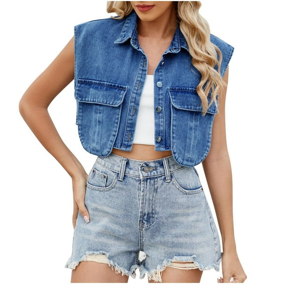 Womens Cropped Jean Jacket Cap Sleeve Botton Down Denim Tops Casual Lapel Collar Shirts Relaxed Fitted Tee Shirts with Big Pockets Beach Holiday Party Costume Trends 2025 Summer