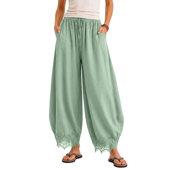 Womens Cropped Lace Hem Pants, Casual Drawstring High Waisted Wide Leg Trousers with Pockets for Summer Beach Wear