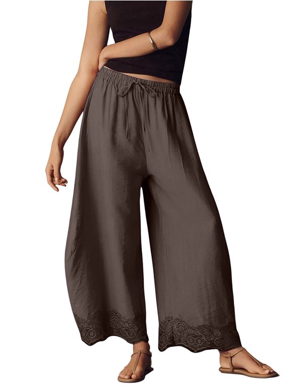 Womens Cropped Lace Hem Pants Wide Leg Baggy Drawstring Waist Pants Boho Beach Trousers Brown XL