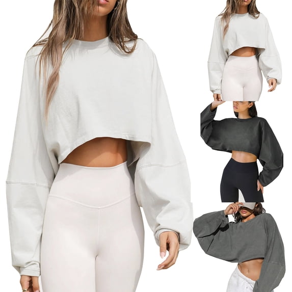 Womens Cropped Long Sleeve Shirts Solid Color Crew Neck Sweatshirt Sports Bottoming T Shirt Knitted Sweater Top Basic Tees S