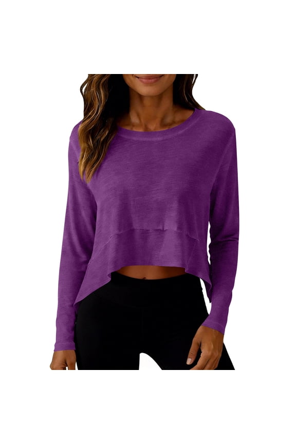 Womens Cropped Long Sleeve Top, Athletic Workout Shirt in Nylon Spandex with Hi-Lo Hem for Yoga Gym Casual Wear in Purple,Size XL