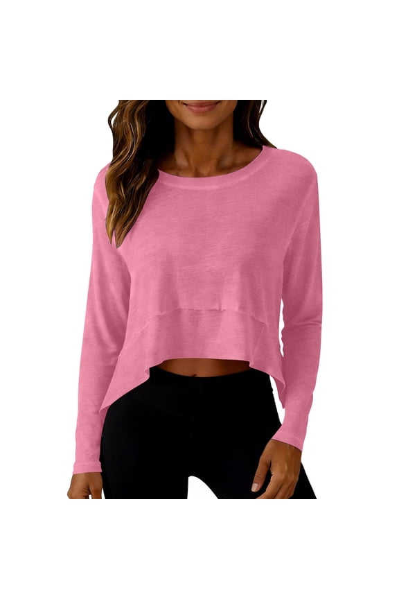 Womens Cropped Long Sleeve Workout Top, Soft Nylon & Spandex Athletic Shirt, Relaxed Fit Hi-Lo Hem for Yoga Gym and Casual Streetwear in Pink,Size S