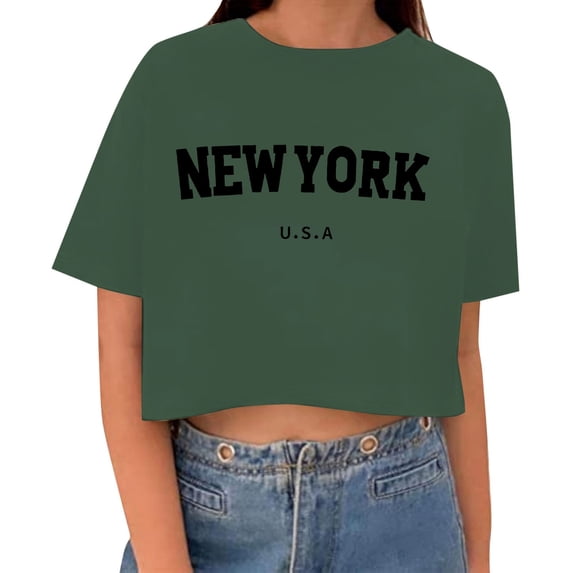 Womens Cropped New York Printed Tshirts Trendy Short Sleeve Loose Fit Crew Neck Tops Girls Casual Going out Graphic Tees Dark Green 0730*crop tops L