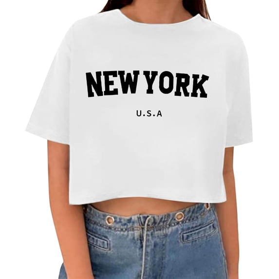 Womens Cropped New York Printed Tshirts Trendy Short Sleeve Loose Fit Crew Neck Tops Girls Casual Going out Graphic Tees White 0730*crop tops XL
