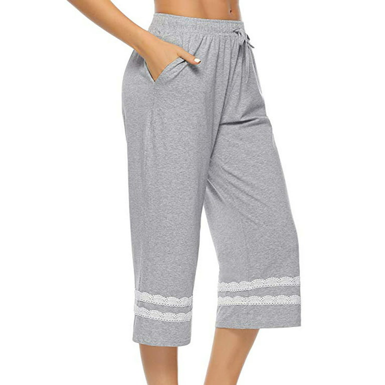 Womens Cropped Pajama Pants Cotton Drawstring Wide Leg Pockets Lounge Pants  Sleepwear Bottoms 