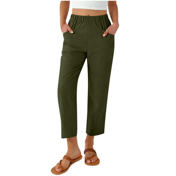 Womens Cropped Pants Army Green Capri Ankle Pants Elastic Waistband & Side Pockets Lightweight Polyester Casual Lounge Travel,Size M