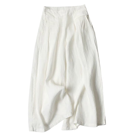 Womens Cropped Pants Cotton Linen Culottes Pants Wide Leg Gaucho Capris Elastic Waist Trousers With Pockets High Waisted Drawstring Relax Fit Lounge Muslin Pants Resort Lounge Baggy Ankle Pants