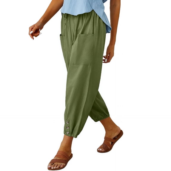 Womens High Waist Pants Drawstring Waist Wide Leg Cropped Comfort Capris Casual Vacation Trousers with Pockets, Light Green, XL