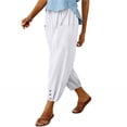 thumbnail image 1 of Womens High Waist Pants Drawstring Waist Wide Leg Cropped Comfort Capris Casual Vacation Trousers with Pockets, White, S, 1 of 9