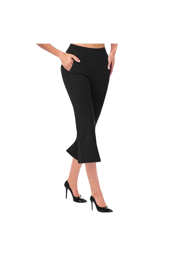 Womens Cropped Pants Elastic High Waist Pull On Flared Capris Casual Loose Basic 2025 Summer Fall Stretch Pants with Pockets,Black,M