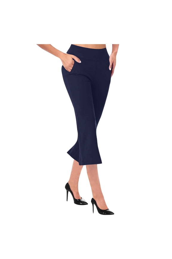 Womens Cropped Pants Elastic High Waist Pull On Flared Capris Casual Loose Basic 2025 Summer Fall Stretch Pants with Pockets,Navy,M