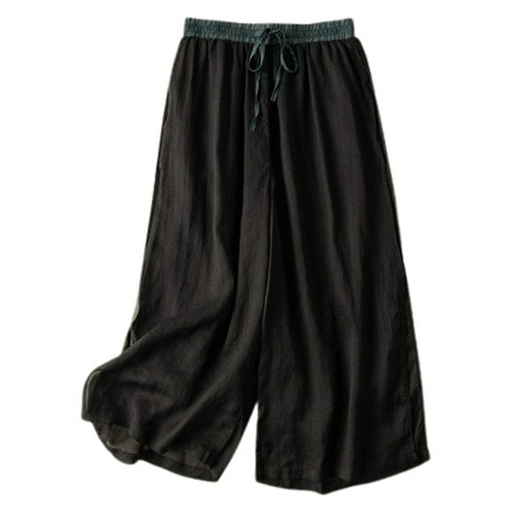 Womens Cropped Pants Elasticated Waist Tie Contrasting Straight Linen Layer Black Xl