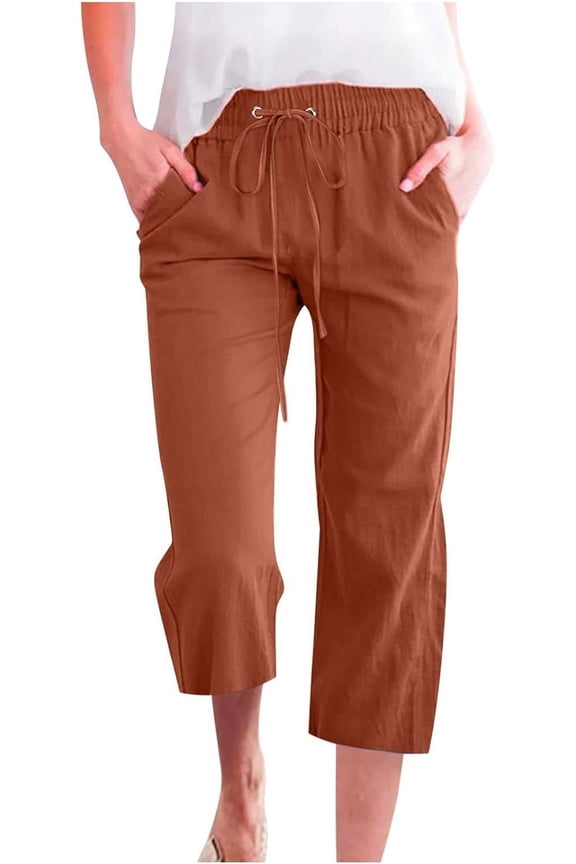 Womens Cropped Pants Fashion Casual Versatile Drawstring Solid Color Capri Pants Loose Large Size Comfy Stretchy Sweatpant