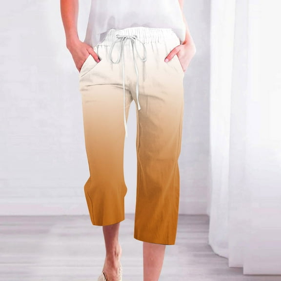 Fragrant Linen Gradient Printed Loose Women Fashionable Drawstring Pants Cropped Pants