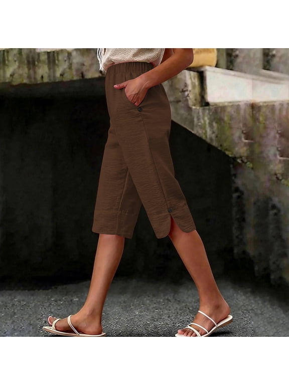Womens Cropped Pants Ladies Summer Casual Capris Solid Color Loose Fitting Cropped Pants with Pockets for Beach Travel Coffee XL