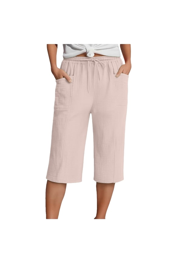 Womens Cropped Pants Linen Women's Summer 3/4 Muslin Lightweight With Pockets Causal Loose Elastic Comfortable Sport Leisure Work Summer Fashion Trousers Pants For Women