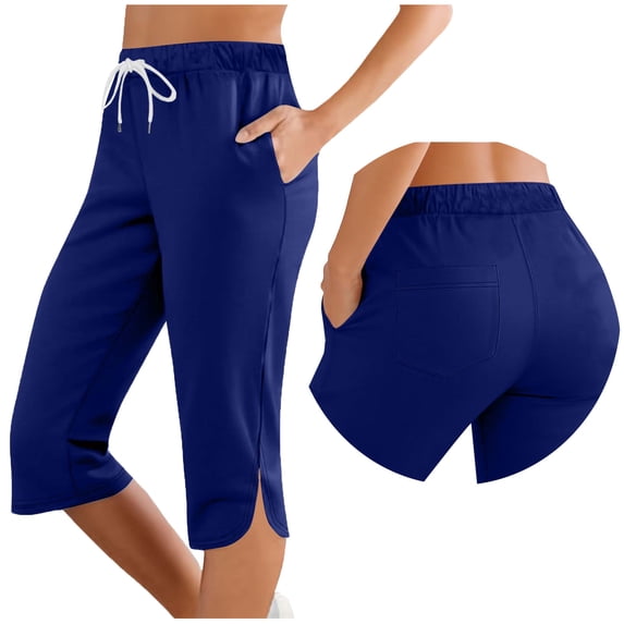 Womens Cropped Pants Side Split Drawstring Elastic Waist Capris with Pockets, Dark Blue, XL