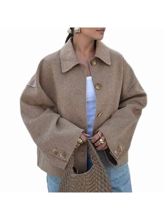 Womens Cropped Pea Coat Casual Button Down Short Jackets Fall Winter Outerwear Brown M
