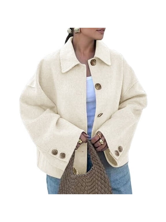 Womens Cropped Pea Coat Casual Button Down Short Jackets Fall Winter Outerwear Cream White L