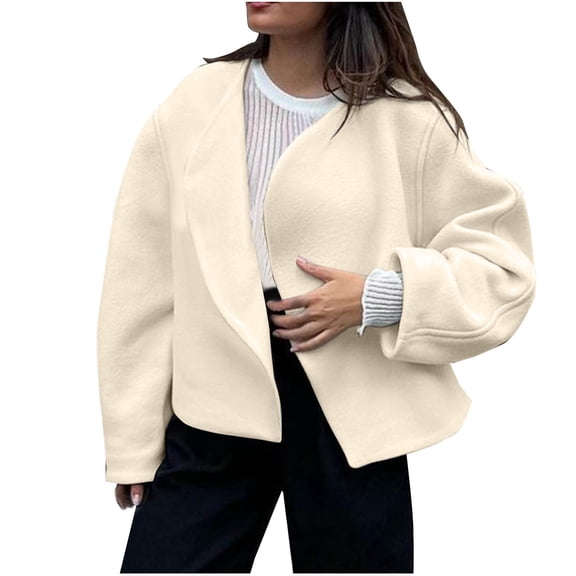 Womens Cropped Pea Coat Lapel Open Front Jacket Casual Oversized Long Sleeve Trendy Short Jackets Tops Outerwear (2XL, White)