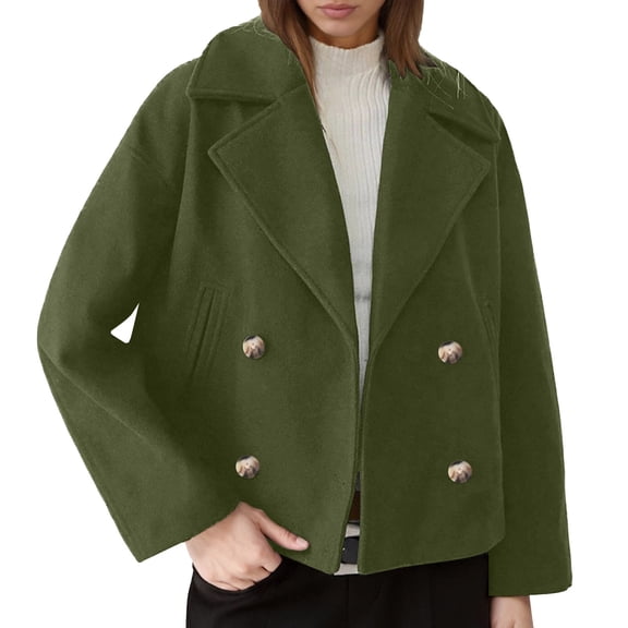Womens Cropped Pea Coat Winter Long Sleeve Double Breasted Button Lapel Jackets Thermal Comfy Warm Loose Overcoat with Pockets