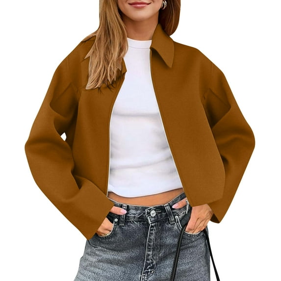 Womens Cropped Pea Coats Casual Fashion Button down Short Jackets Fall Trendy Zip up Outerwear with Pockets New Women's Oversized Casual Jackets Coffee S