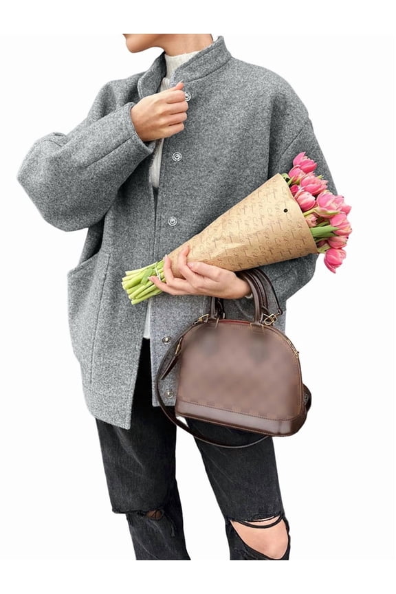 Womens Cropped Pea Coats Oversized Batwing Sleeve Lapel Short Jackets Elegant Double Breasted Fall Winter Outerwear Gray S