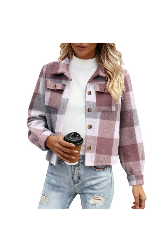 Womens Cropped Plaid Shacket Jackets Wool Blend Lapel Neck Fall Casual Button Down Flannel Shirt Outerwear (2XL, Red)