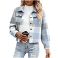 thumbnail image 1 of Womens Cropped Plaid Shacket Jackets Wool Blend Lapel Neck Fall Casual Button Down Flannel Shirt Outerwear (L, Light Blue), 1 of 4