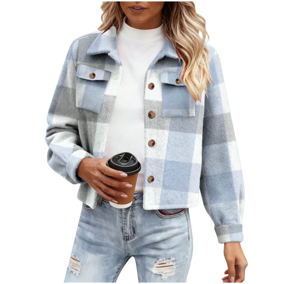 Womens Cropped Plaid Shacket Jackets Wool Blend Lapel Neck Fall Casual Button Down Flannel Shirt Outerwear (L, Light Blue)
