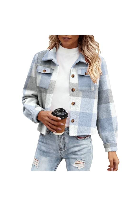 Womens Cropped Plaid Shacket Jackets Wool Blend Lapel Neck Fall Casual Button Down Flannel Shirt Outerwear (L, Light Blue)