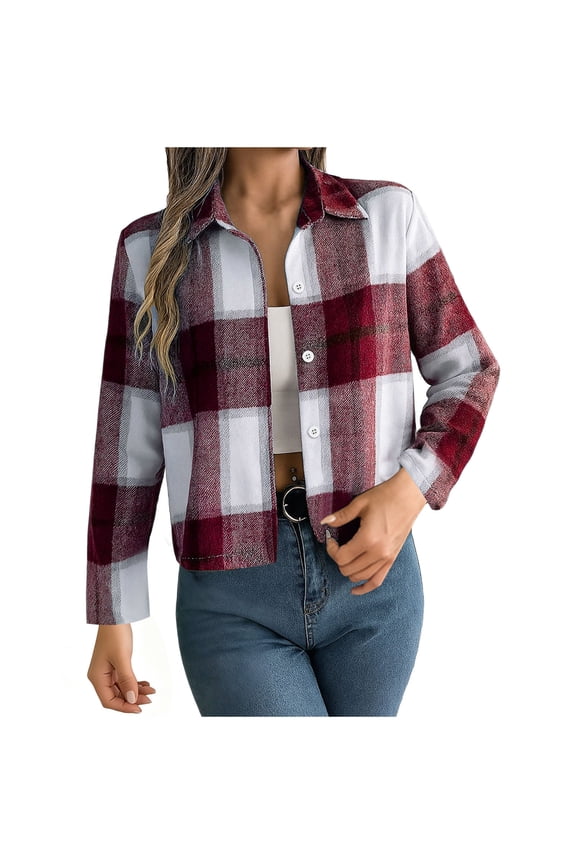 Womens Cropped Plaid Shirt Shackets Button Up Lapel Neck Long Sleeve Flannel Jackets Fall Spring Outerwear (XL, Red)