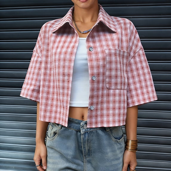 Womens Cropped Plaid Shirt Short Sleeve Vintage Preppy Clothes (Red S)
